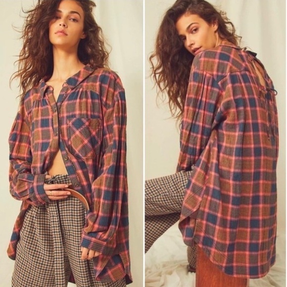 Free People Tops - Free People Wild Side Tunic Plaid Oversized Tie Back Shirt Size S